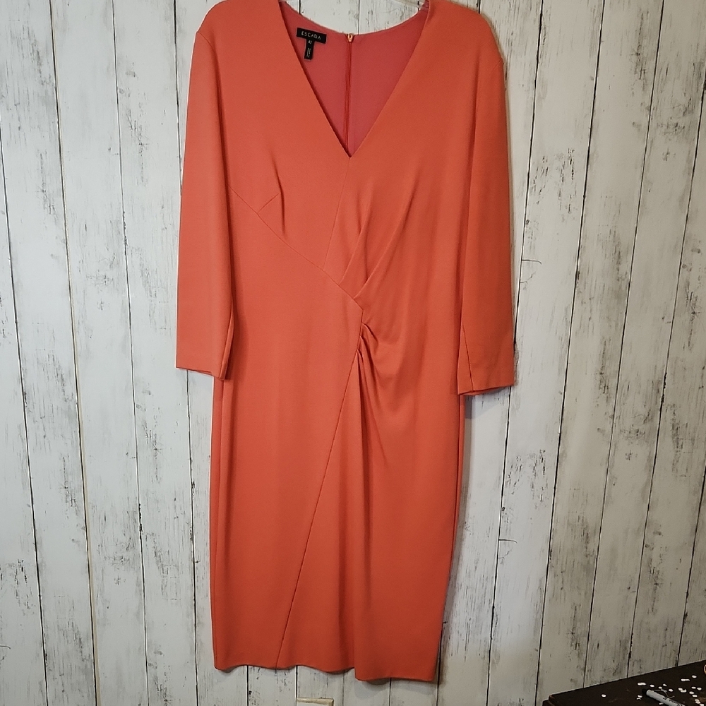 Escada Coral Orange Long Sleeve Draped Dress